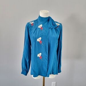 Vintage 100% Silk Embroidered Secretary Blouse 70s 80s